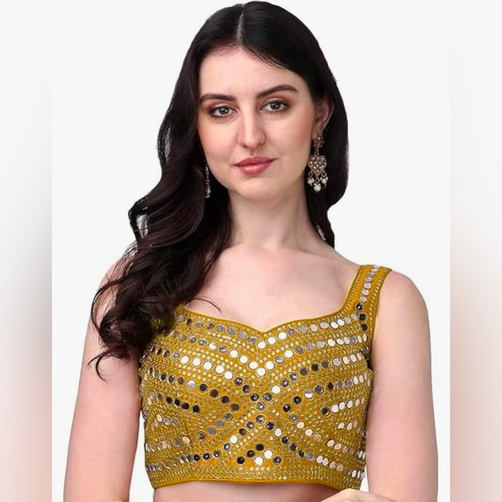 Women's Mirror Detail Embroidery Sequence V Neck Open Back Fancy Top